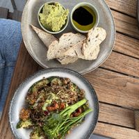 Sourdough with houmous and an olive oil/balsamic reduction & Superfood Salad.   at The Ashford Arms in Bakewell