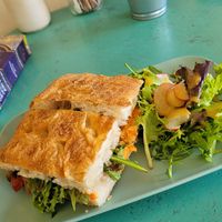 Roast veg and hummus foccacia with great salad on the side at The Old Spence Café in Edinburgh