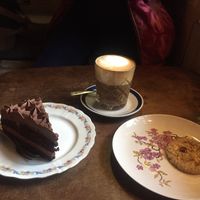 Chocolate cake, coffee and a cookie at 19:77 - VEGAN:DINER+BAR, Home of RAMONES MUSEUM in Berlin