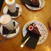 Chocolate Cake and Chocolate fruits cake. Latte Macchiato and Chai latte with oat milk. All vegan 👌🏼 at 19:77 - VEGAN:DINER+BAR, Home of RAMONES MUSEUM in Berlin