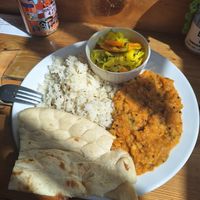 Pop up kitchen - Tarka dahl with vegan naan, rice, pickled cabbage and carrot salad at Bruhaha in Bristol