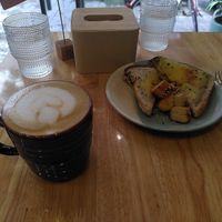 Salted caramel latte and cheesy sandwich at Grazie's Kitchen - Vegan Bakery and Cafe in Da Nang