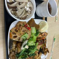 Mushroom soup, tea and veggies at Worry-Free Tree Vegetarian Restaurant - 无忧树素食餐厅 in Kunming