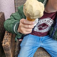 Salted caramel vegan ice cream at Nana Jude's Ice Cream Shop in Lynton