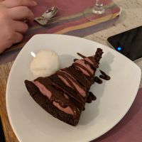 Vegan chocolate carrot cake with vegan lemon ice cream at New Vita Restaurant in Sabadell