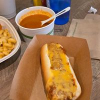 Chili cheese dog and tomato soup at Plant Based Coneys in Ypsilanti