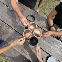 Soy milk cappuccino & mint teaa  at Scramble & Bean in Rushcutters Bay