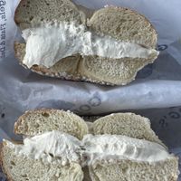 Toasted salt bagel with tofu  cream cheese  at The Original Goldberg's Famous Bagels in Riverhead