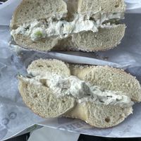 Toasted salt bagel with tofu scallion cream cheese  at The Original Goldberg's Famous Bagels in Riverhead