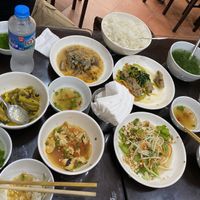 Fried eggplant with garlic, salad, and fried vegan chicken with vegetables (and many free sides!)  at Katze in Hanoi