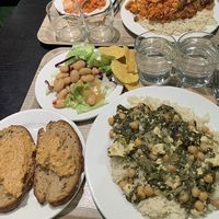 Salad, bread with hummus and rice with chickpeas and vegetables   at UniCafe Kaivopiha in Helsinki