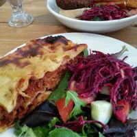 Vegan lasagne and burger at Black Cat in East London