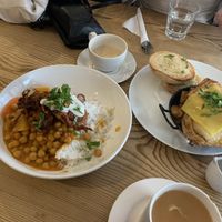 Curry really soft (left) excess of chickpeas maybe ; and Seitan hash (right) delicious at Black Cat in East London