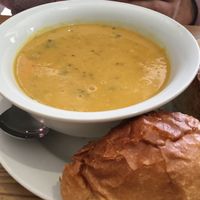 sweet potato, coconut and lentil soup ! at Black Cat in East London