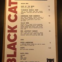 The menu (changes every now and then)  at Black Cat in East London