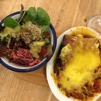 Lasagna and salad. at Black Cat in East London