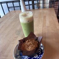 Coffee cake muffin and peach crumble iced matcha latte (with oatmilk)  at De Fer Coffee & Tea  in Pittsburgh