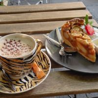 Cappuccino with oat milk and the vegan apple-almond pie with vegan ice cream and whipped cream at Kattencafe de Muis  in Arnhem
