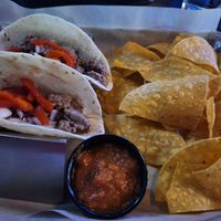 Steak tacos subbed with Impossible crumbles (omitted the cheese and queso) with chips and salsa at The Brass Tap in Plano
