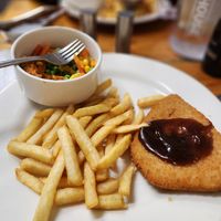 Vegan Schnitzel and vegan gravy with chips and veg at Jamestown Hotel in Jamestown