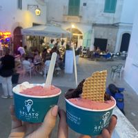 Lemon sorbet, strawberry ice cream and chocolate ice cream  at Il Gelato per Passione in Monopoli