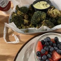 Fried broccoli with vegan cilantro sauce   at The Kitchen Table at Relish in Raleigh