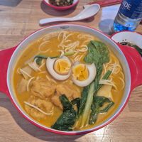 Tom yum broth soup (recently made vegan) with tofu, egg and veg at Malatang Express in Durham