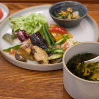 Konbu broth soup and veggie plate (Japanese-style vegan breakfast) at Hotel Mazarium in Morioka