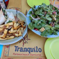 Veggie wrap with french fries and salad (xl size) at Tranquilo in Santorini