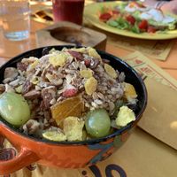 Vegan Stack, yogurt with fruit, oats, and nuts  at Tranquilo in Santorini