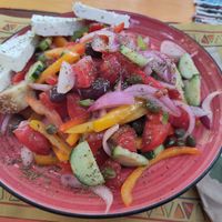 Greek salad (with non-vegan feta) at Tranquilo in Santorini