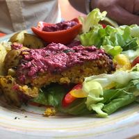Burger platter. That's beet hummus. at Tranquilo in Santorini