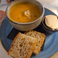 Carrot soup, really smooth and creamy with vegan flora butter and bread at La Brise in Jersey