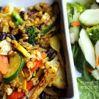 Today's special is a Brown Rice & Black Bean Coconut Curry Stir Fry! Our Organic Brown Rice & Black Beans grilled with Kale, Cabbage, Zucchini, Yellow Squash, Carrots, Turnips, & Broccoli tossed with a Sweet and Sour 
Green Curry Coconut Milk Sauce! at Sprouts Cafe in Gastonia