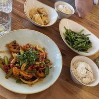 what we had. Watter spinach, dumplings, lotus root dish  at Kamala Vegan in Berlin