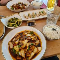 Cucumber salas, fried dumplings, pork belly (number 20) and black pepper soy bits (can't remember the exact names of the main dishes) at Kamala Vegan in Berlin