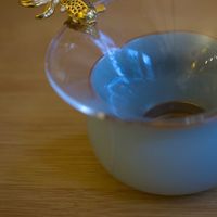 Gold fish on a tea filter at Kamala Vegan in Berlin