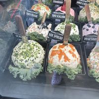 Tofu veggie and tofu scallion cream cheeses (middle row)  at Bagel Boss in Yaphank