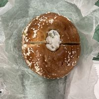 Toasted salt bagel with tofu scallion cream cheese #Veganuary at Bagel Boss in Yaphank
