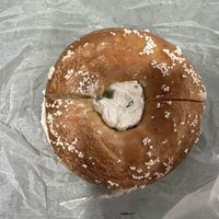 Toasted salt bagel with tofu scallion cream cheese #Veganuary at Bagel Boss in Yaphank