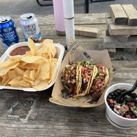 Chips & chipotle salsa, no carne asada tacos, and black beans! (N/A drinks in background came from Tap Shack)  at Cargo Cantina in North Kansas City