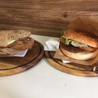 focaccia sandwich and smoky burger at Universo Vegano in Rome