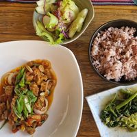 Tempeh + salad + vegetables + rice // 7usd at Agora Food Studio in Dili