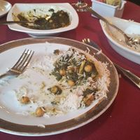 chicken peas with spinach garlic and spices (mild heat) with basmotti rice  very tasty! at Bay Leaf Indian Cuisine in Linthicum