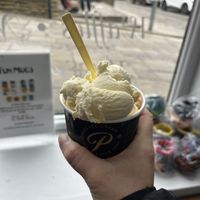 Vegan vanilla and raspberry ripple ice cream  at Parisella's Ice Cream Parlour in Conwy