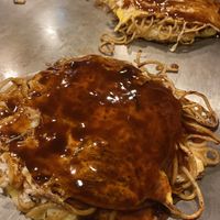 Vegetarian Okonomiyani with vegetables and fried noodles  at Okonomiyaki Kiraku in Kyoto