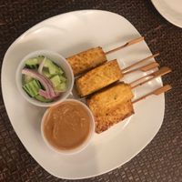 Grilled tofu saté with small salad at Veggie House in Los Angeles