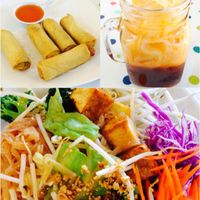 pad thai, egg rolls, thai tea  at Veggie House in Los Angeles