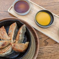 Gyoza w/ three sauces: soy sauce, mango mustard sauce, cilantro jalapeno sauce (amazing) at ippudo V in Brooklyn