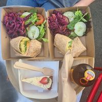 onion bhaji wrap with slaw and a lemon cheesecake at Peerie Shop Cafe in Lerwick